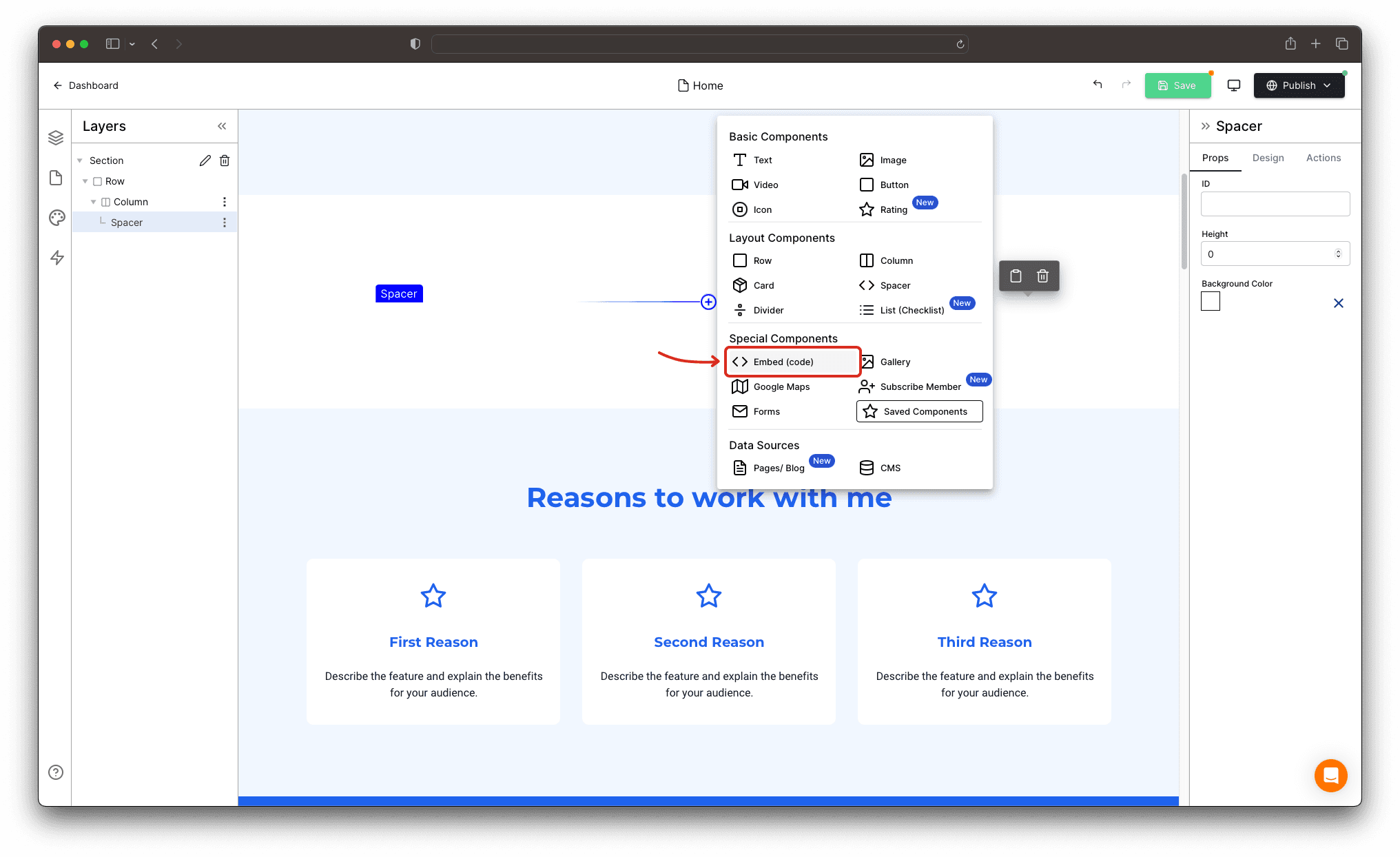 Step - 2: Embed (code) special component